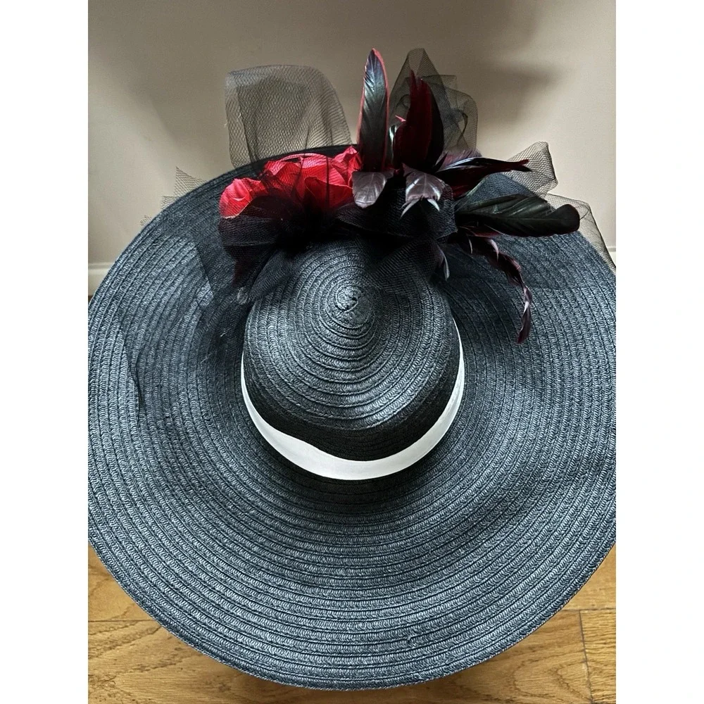 Ralph Lauren Black straw hat with feathers and Red flowers English Wedding